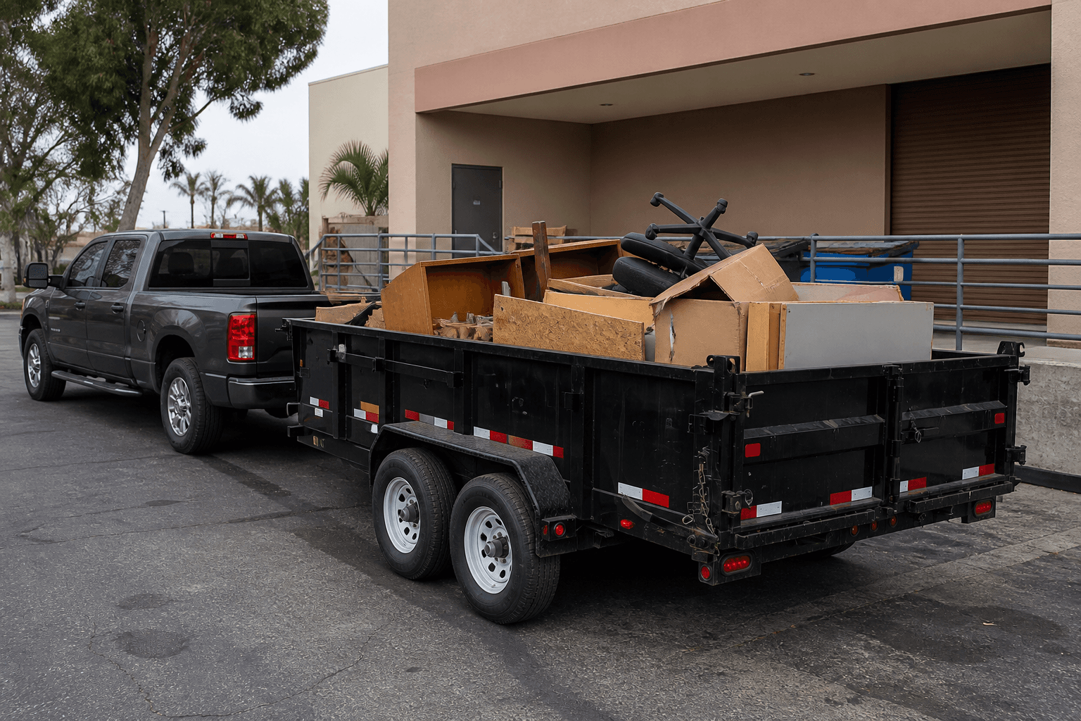 Pickup and black dump trailer clearing commercial furniture