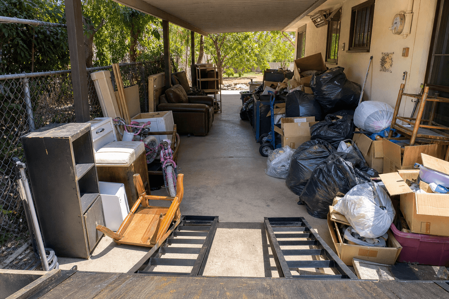 Residential patio cleanout prepared for hauling